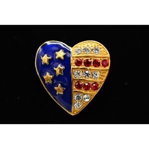 Vintage Heart Flag Pin Brooch Rhinestone Crystal American USA K Signed BinAL